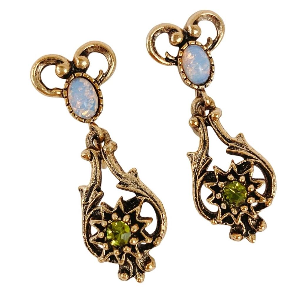 VTG Signed Coventry 1950s Earrings Faux Opal Green Rhinestone Gold Tone Clip On